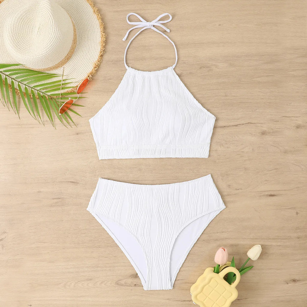 Women's conservative high-waist swimwear set in apricot colour with separate top and pants