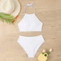 Women's conservative high-waist swimwear set in apricot colour with separate top and pants
