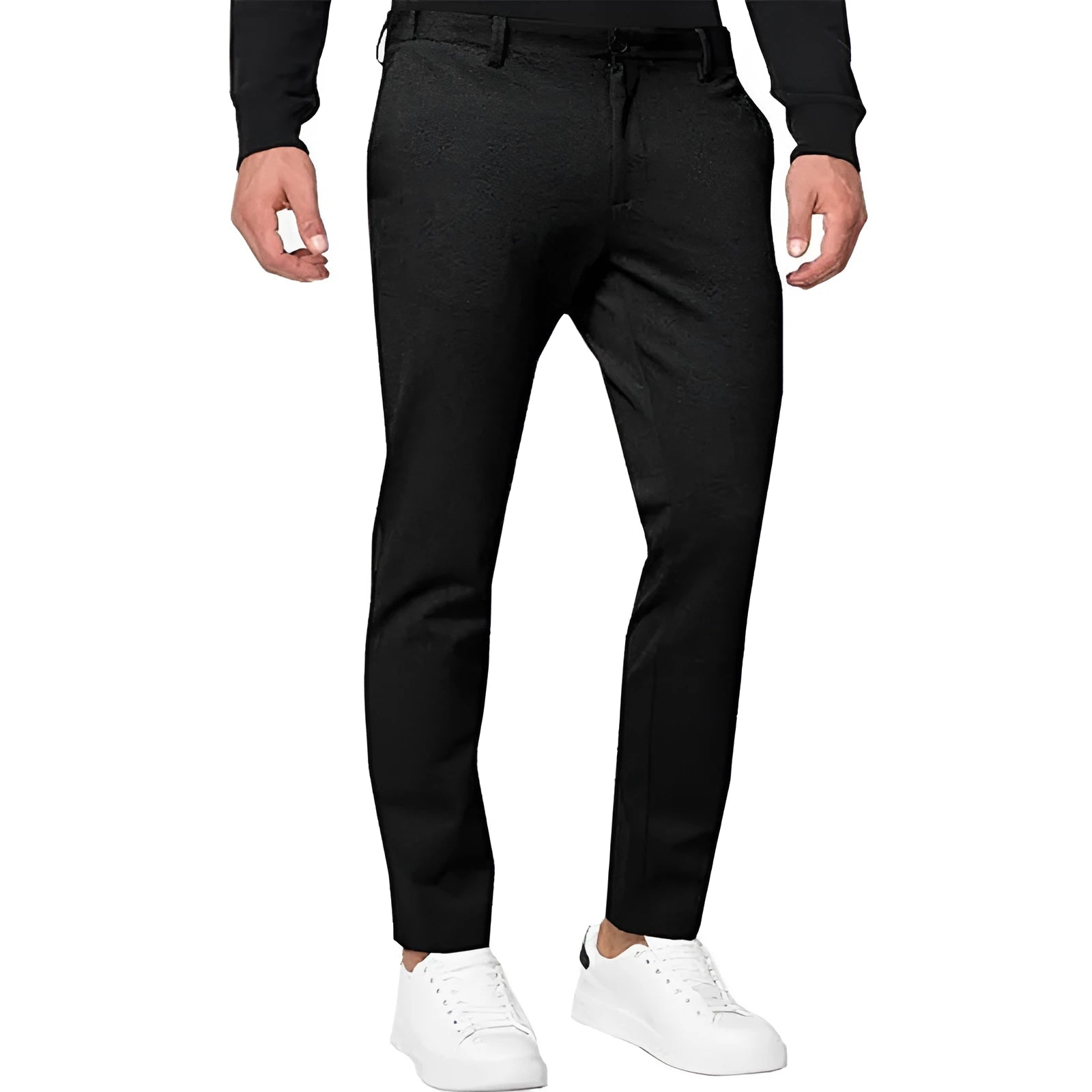 Men's slim-fit tapered chino trousers in a cotton-blend fabric, shown in solid colour options.