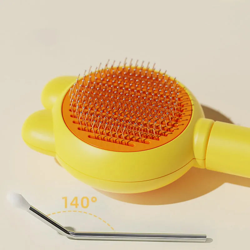 Green self-cleaning pet brush with release button and stainless steel comb on a white background.