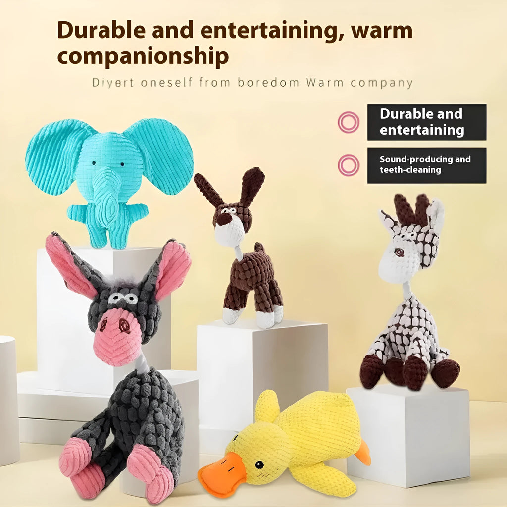 Assortment of bite-resistant plush pet toys including a donkey, a rechargeable duck, and animal companions.