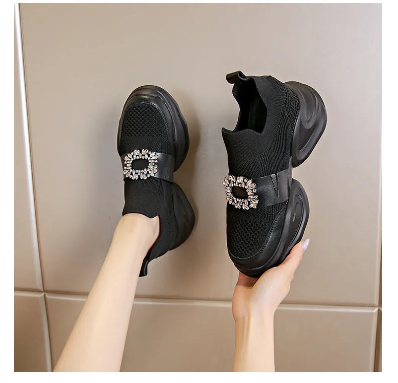 Women's black mesh Baotou half slippers with rhinestone square buckle and PVC sole
