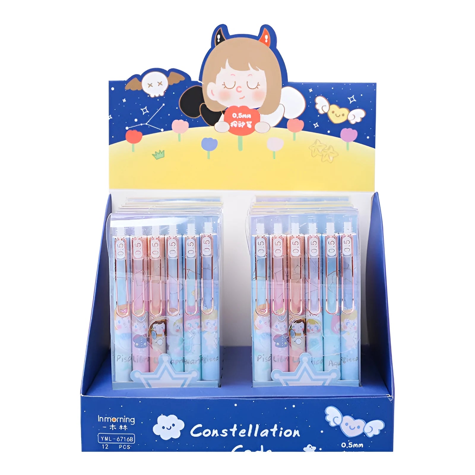 Six constellation cartoon gel pens with 0.5mm metal tips and blue ink