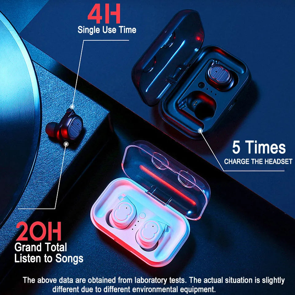 Touch control Bluetooth wireless headset with earbuds in black, white, red, or blue colours