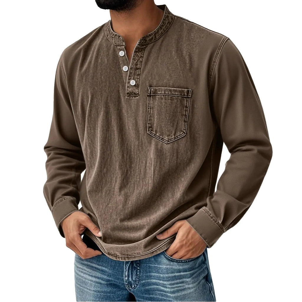 Printed three-button long-sleeve T-shirt for young men, slim fit polyester casual top, sizes XS to 5XL
