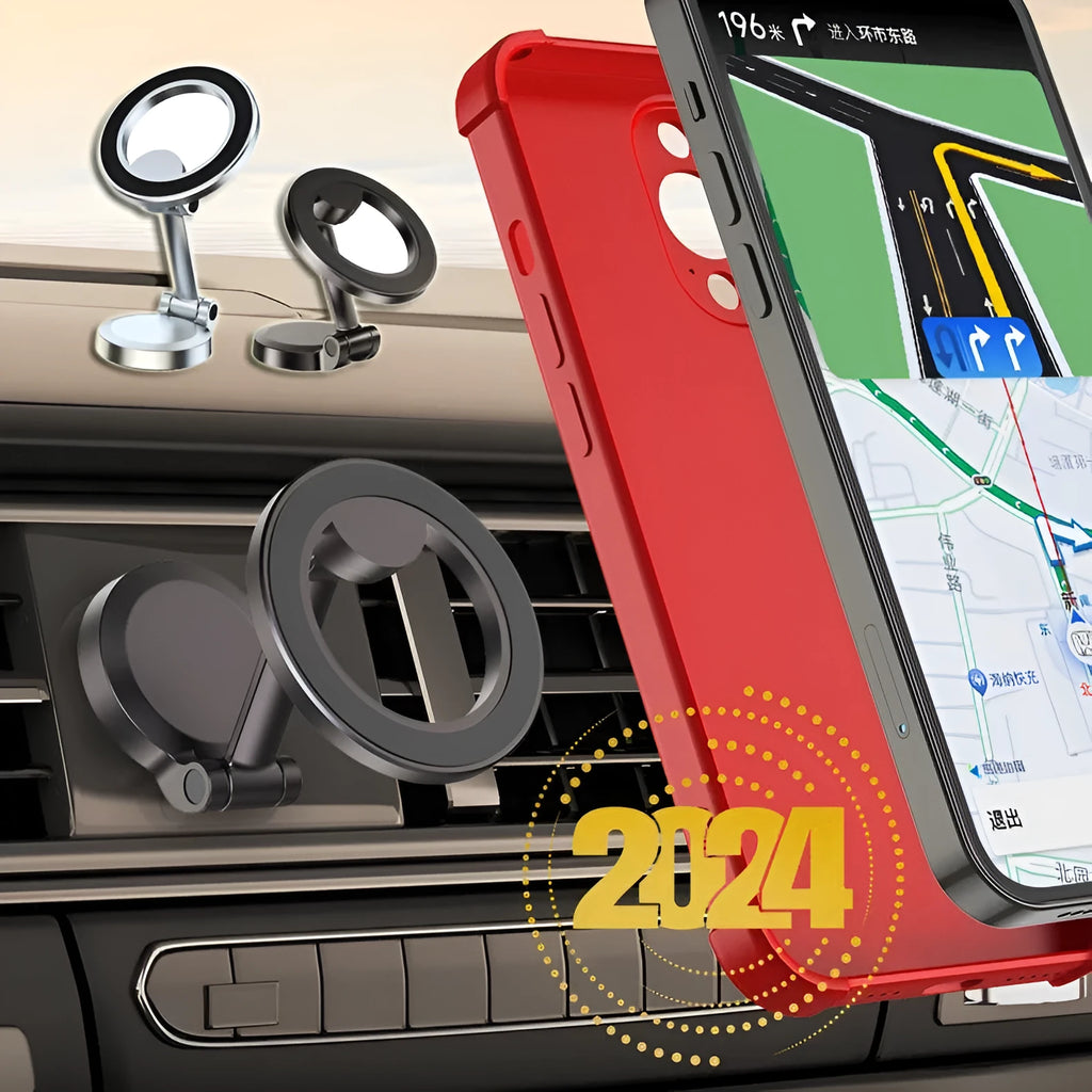 All-metal foldable magnetic car phone mount shown on a dashboard, holding a mobile phone.