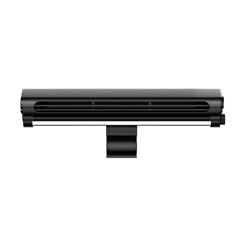 Black USB-powered bladeless fan with clip and integrated desk lamp attached to a laptop screen.