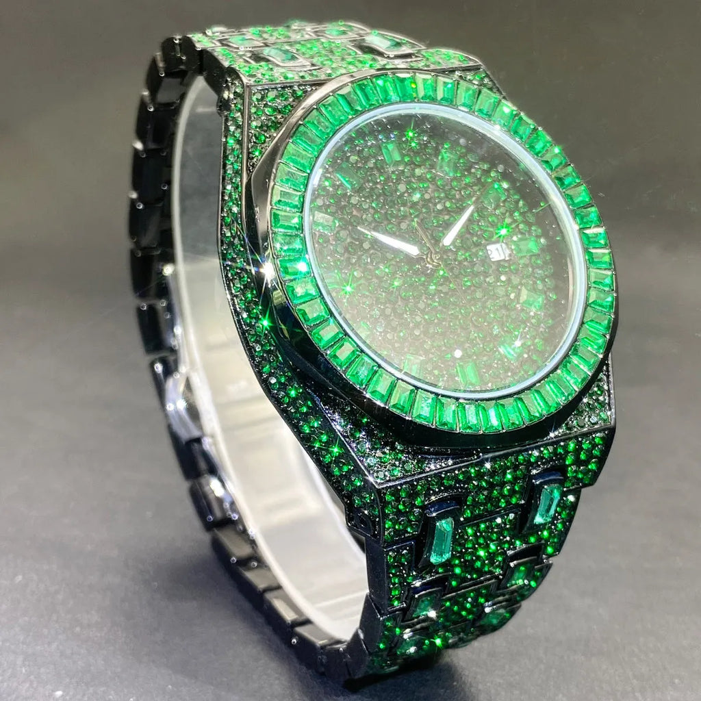 Green full rhinestone hip hop quartz watch for men with alloy case and 13mm thickness