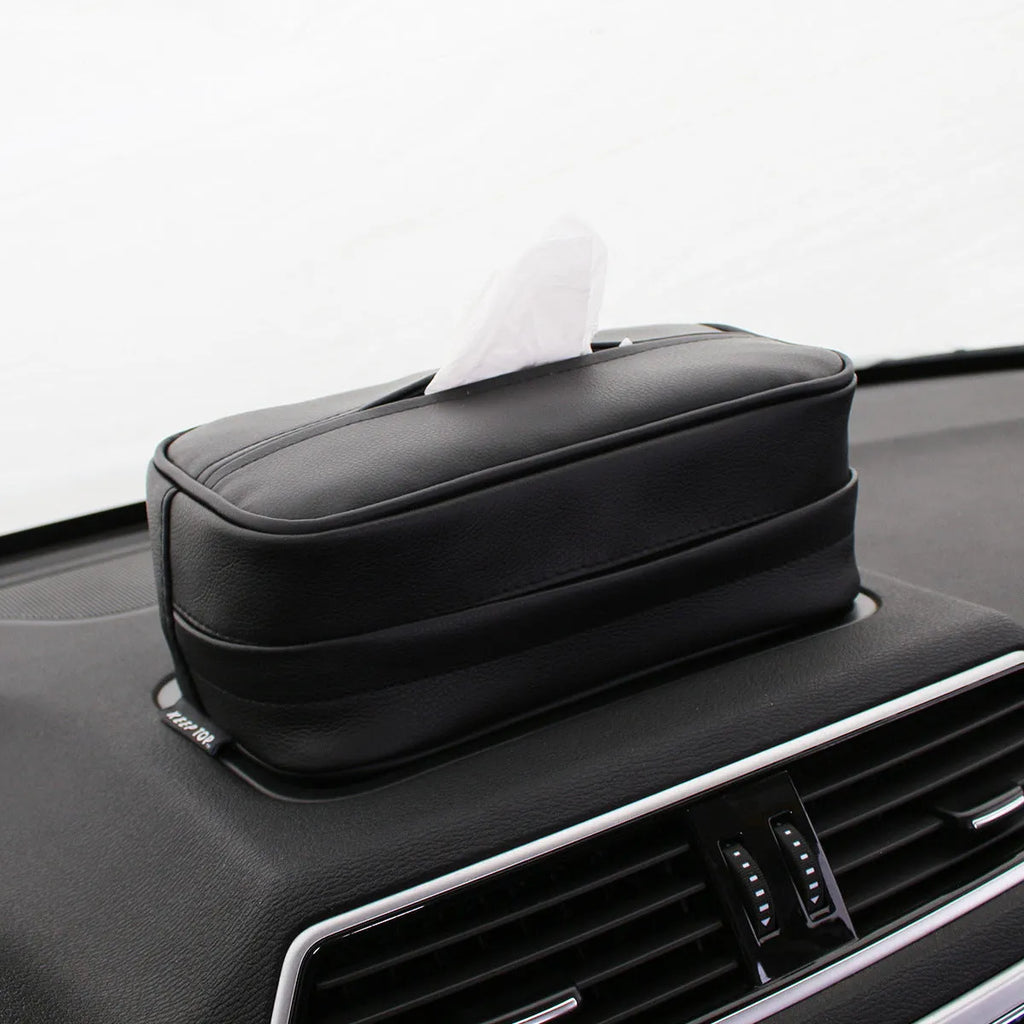 Black PU leather hanging storage box or bag with dimensions shown for car organisation.