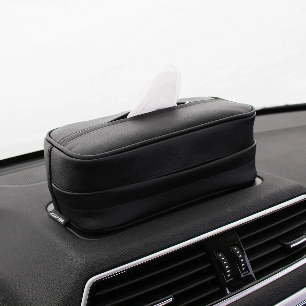 Black PU leather hanging storage box or bag with dimensions shown for car organisation.