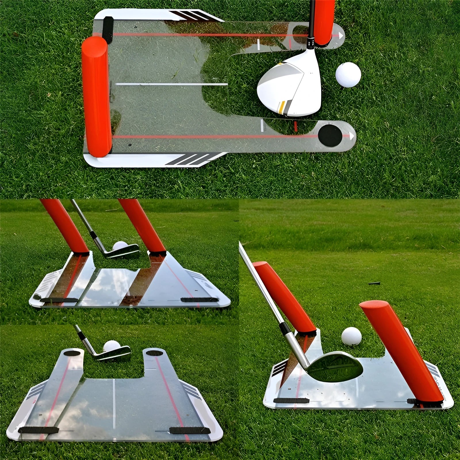 Red plastic putting practice mirror for golf training aid on green surface