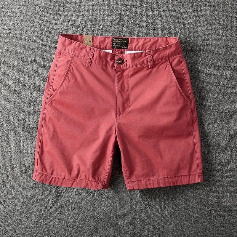 Men's cotton loose shorts in straight-leg design with zipper fly, shown in multiple colour options