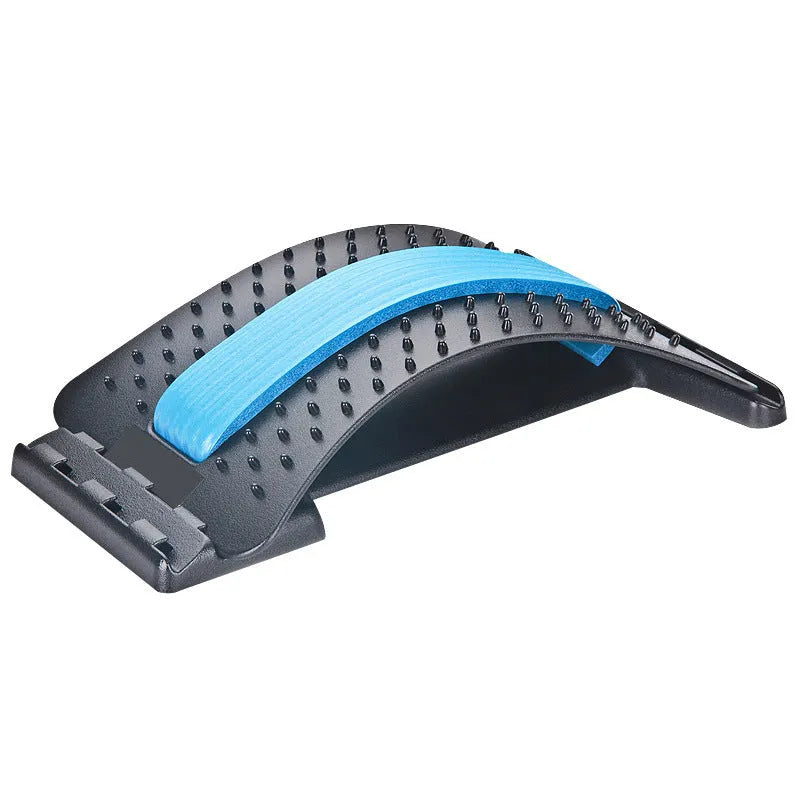 Adjustable back massager and lumbar stretcher in black and colour options, showing massage points.