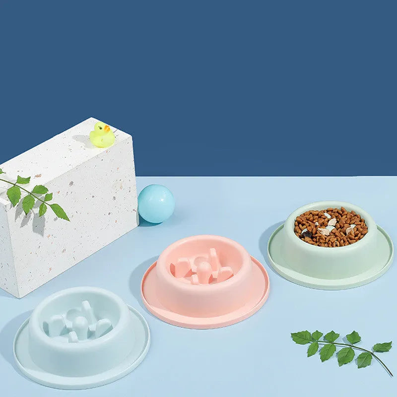 Pet slow food bowl anti-choking apparatus in pink plastic 17cm diameter with blue and green options