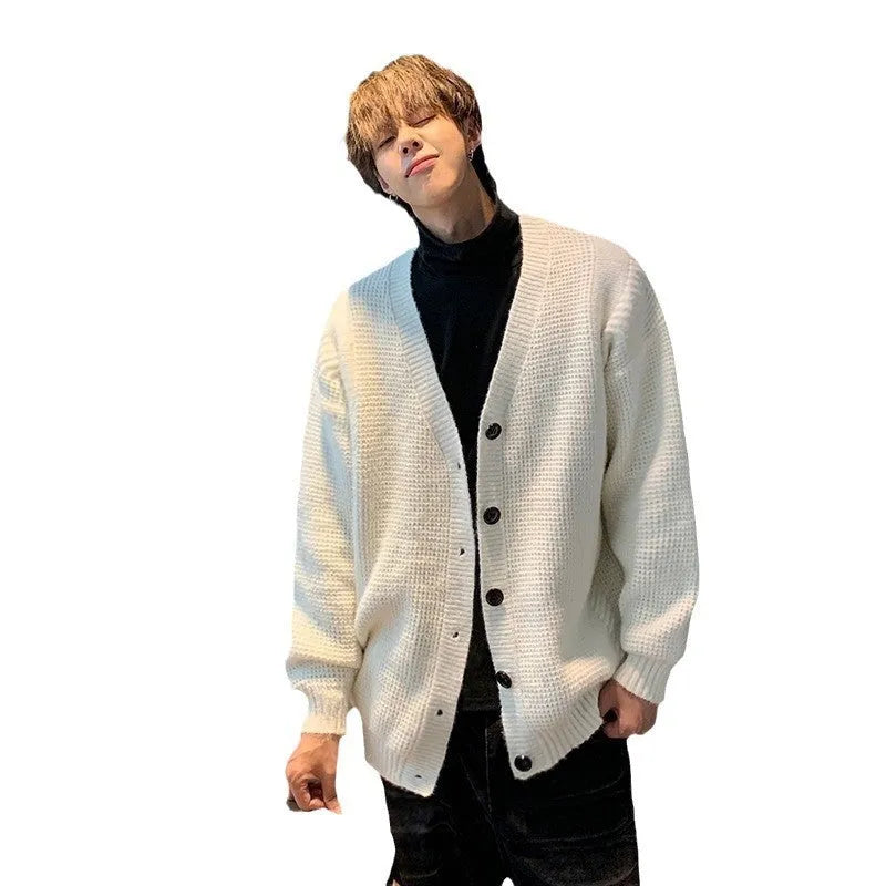 Retro men's V-neck cardigan sweater in army green colour with long sleeves and loose fit design