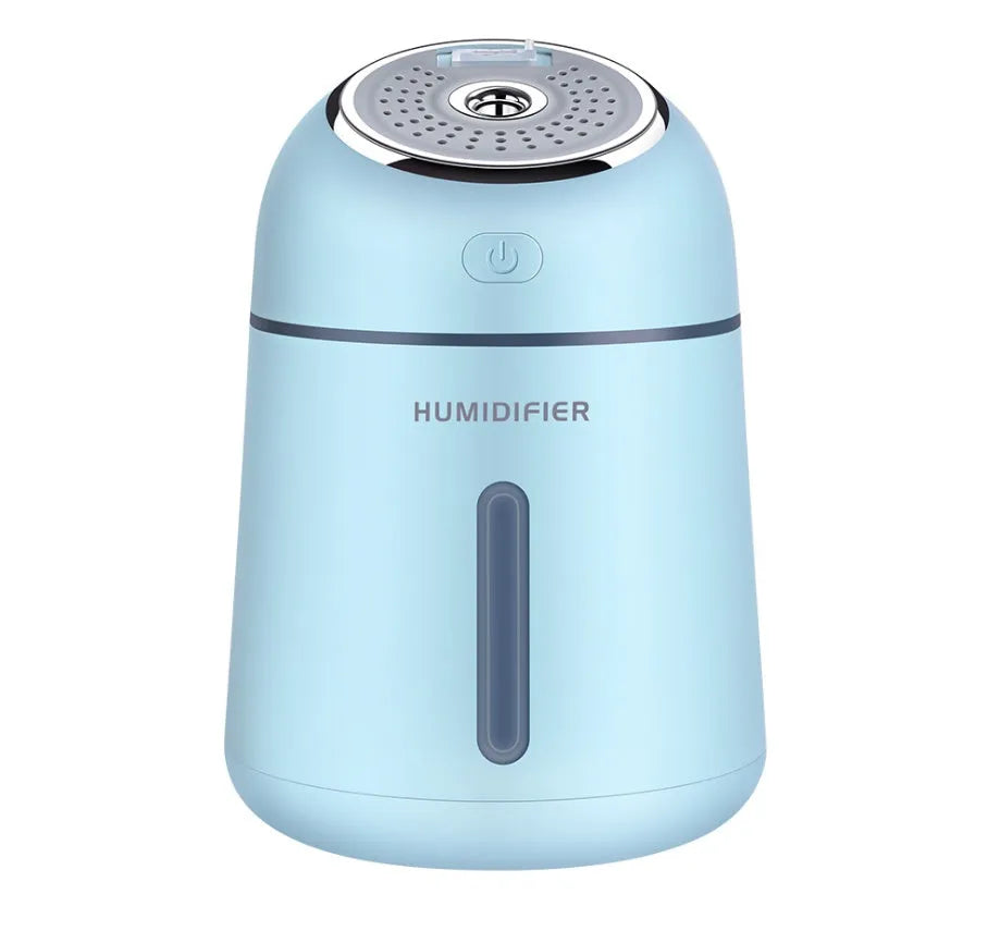 USB aromatherapy machine in white, pink, and blue with 330ml water tank and compact 96x96x139mm size