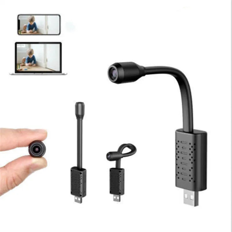 Black V380 wireless USB HD security camera, 158mm long, shown next to a microSD card and USB cable.