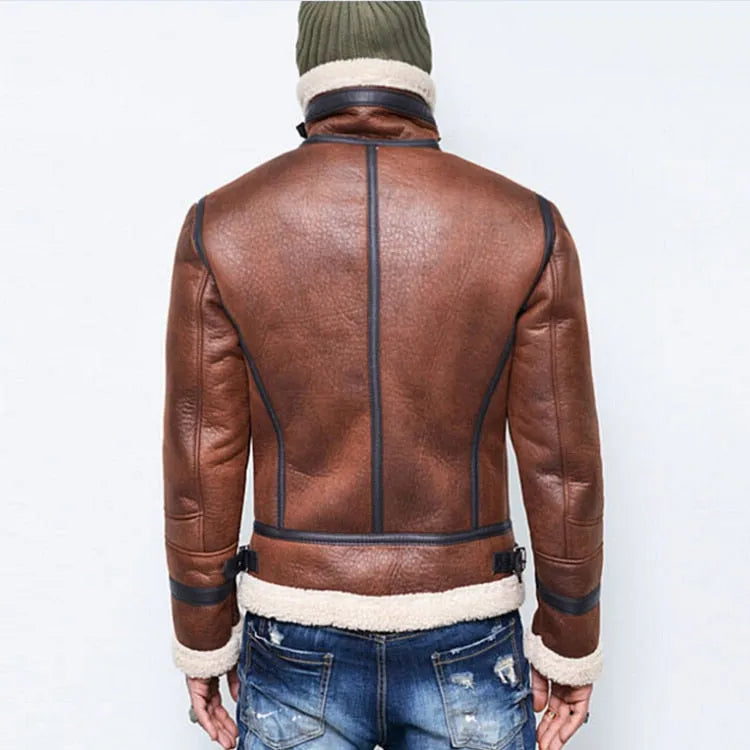 Men's black PU leather winter jacket with highneck faux fur liner and front zip closure against a neutral background