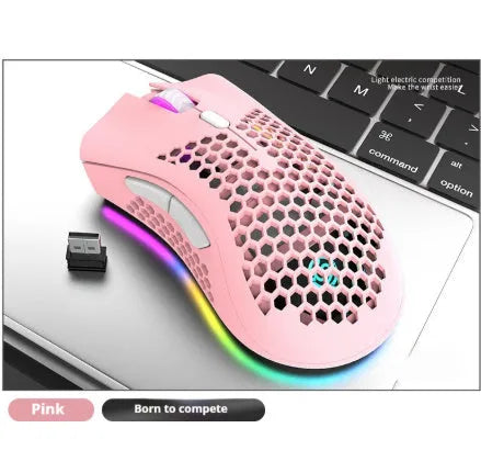BM600 wireless gaming mouse with luminous hollow-out shell in cyan colour.