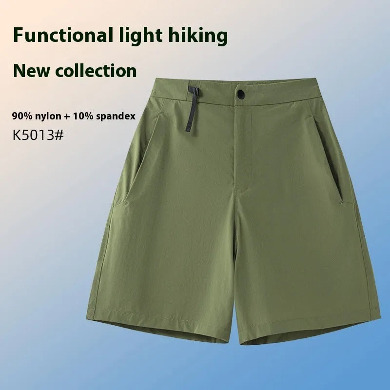 Man wearing khaki 3D-cut quick-dry sports shorts, demonstrating stretch fabric during a lunge.