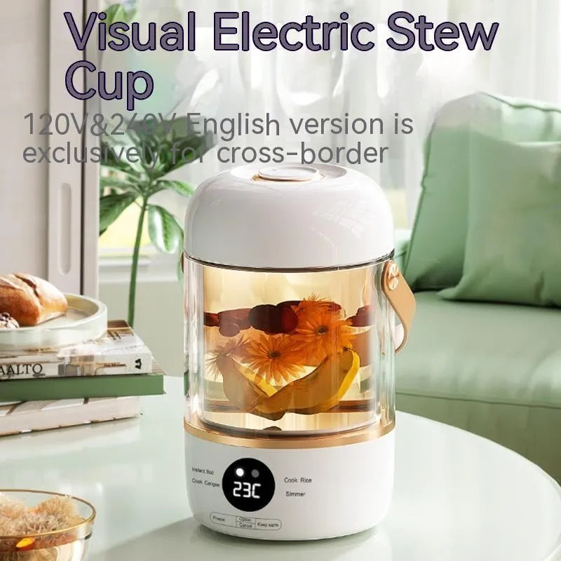 Personal portable electric stew cooker with glass liner in transparent or invisible version, capacity under 1 litre.