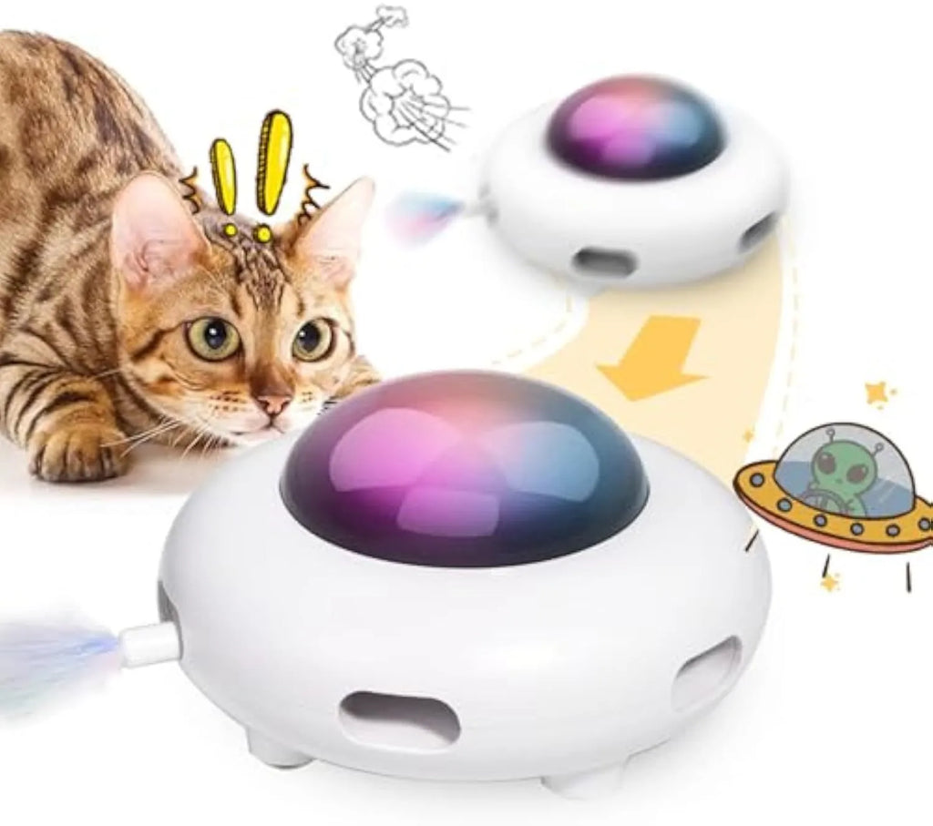 White UFO-shaped interactive cat toy with colourful feathers and LED lights for indoor feline enrichment
