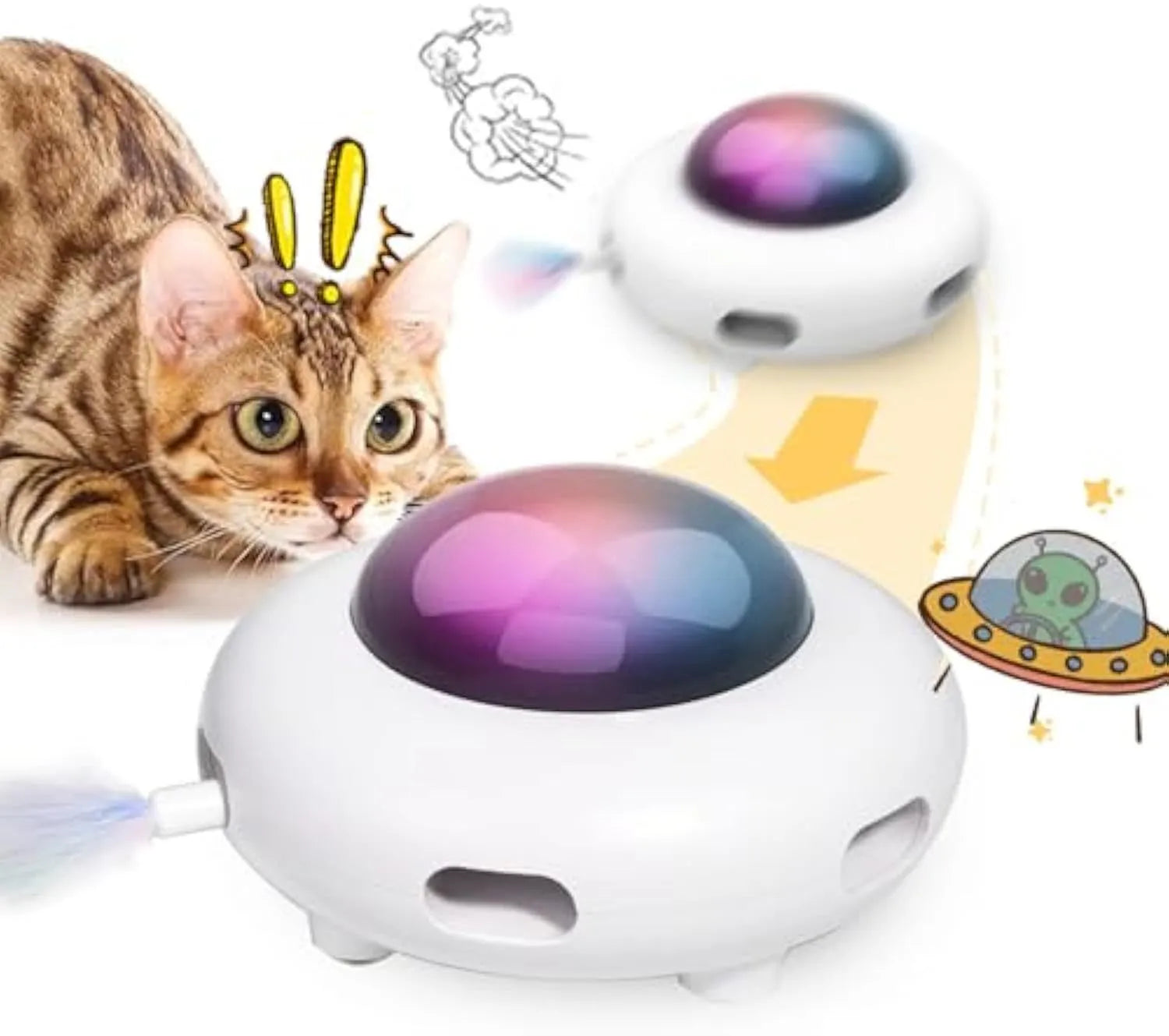 White UFO-shaped interactive cat toy with colourful feathers and LED lights for indoor feline enrichment