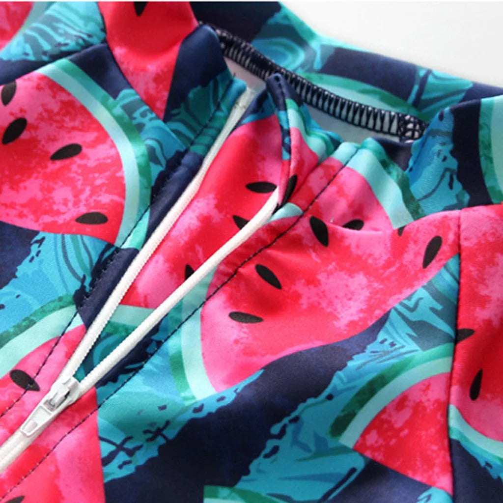 Children's long sleeve swimsuit set with watermelon fruit print on polyester fabric, size S-XL
