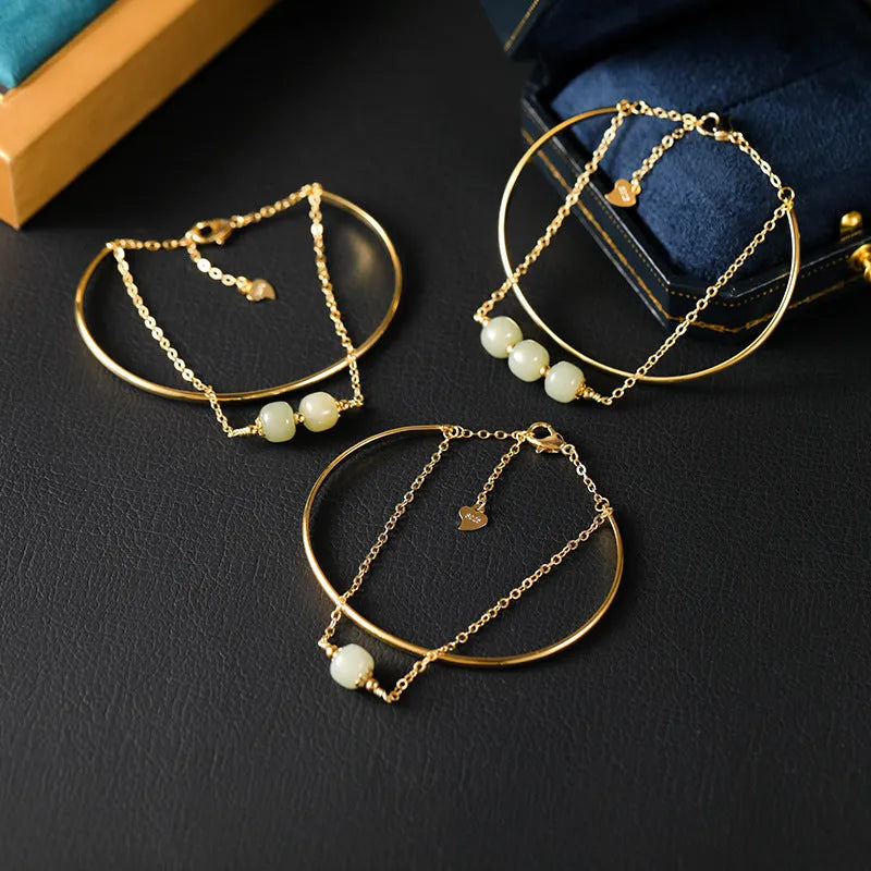 Hetian jade lucky beads bracelet with gold inlay in women's style
