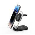 Transparent foldable 3-in-1 wireless charger showing magnetic pad, Qi coil, and closed portable form.