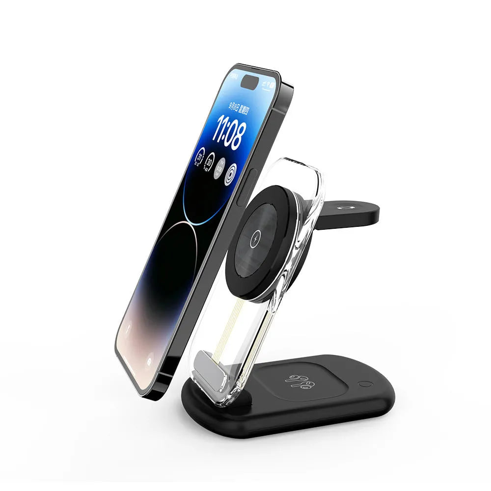 Transparent foldable 3-in-1 wireless charger showing magnetic pad, Qi coil, and closed portable form.