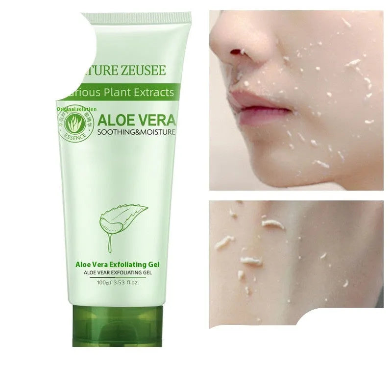 Aloe vera exfoliating gel 100g in picture colour tube with ingredient list including aloe vera, fruit oil, sodium hyaluronate