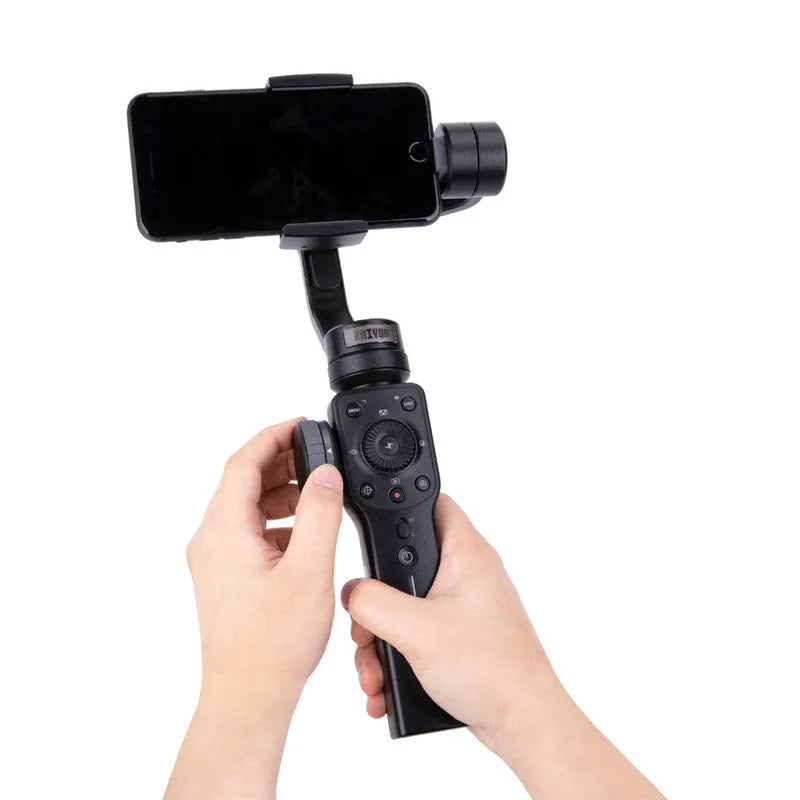 Black handheld mobile phone shooting stabiliser with ABS construction and extended battery life
