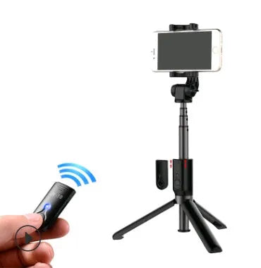 Aluminium Bluetooth selfie stick with remote control and tripod bracket extended with smartphone attached