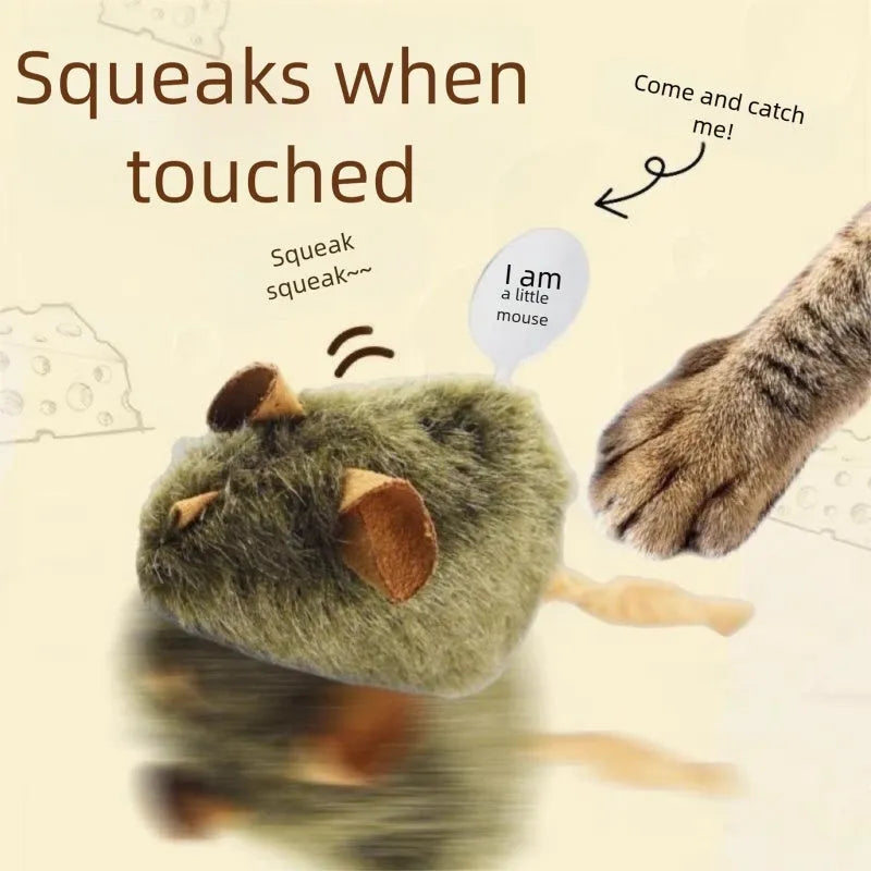 Plush mouse cat toy with tail, flannel surface and lanyard for interactive chirping play