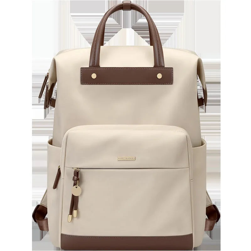 Women's large synthetic leather backpack in apricot, shown with adjustable straps and fabric lining.