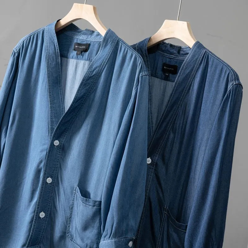 Men's dark blue denim coat with three-quarter sleeves and v-neck collar
