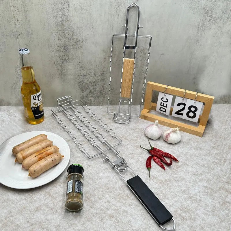 Stainless steel removable folding outdoor barbecue net, square modern style, with black handle, placed over charcoal fire.