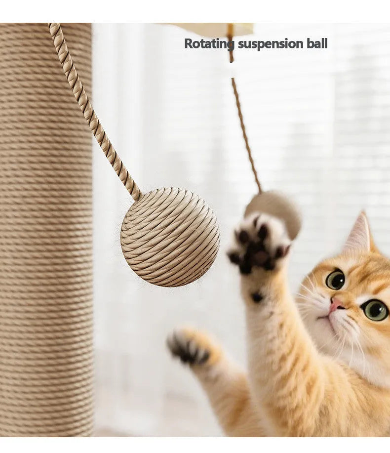 Natural pine wood cat climbing frame with a tufted post and a white windmill-style hanging ball toy.