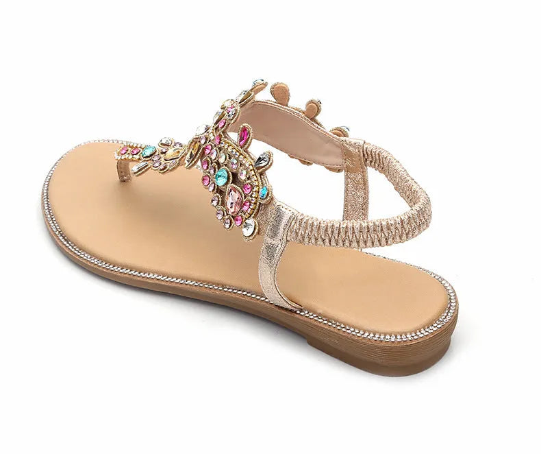 Gold sandals with colourful diamond decorations, low heel 1-3cm, and TPR sole