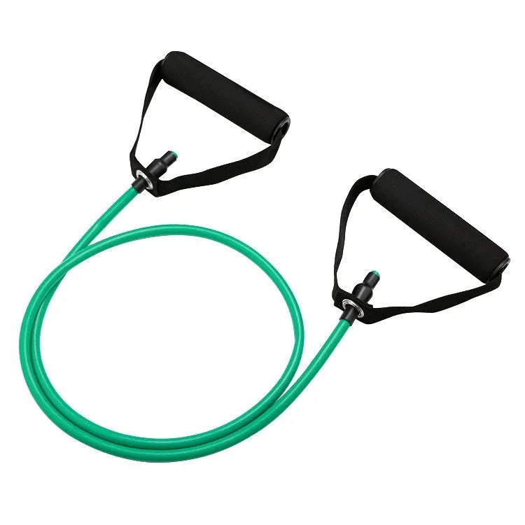 Colour-coded adjustable chest expander with yellow, green, red, blue, and black TPE resistance bands.