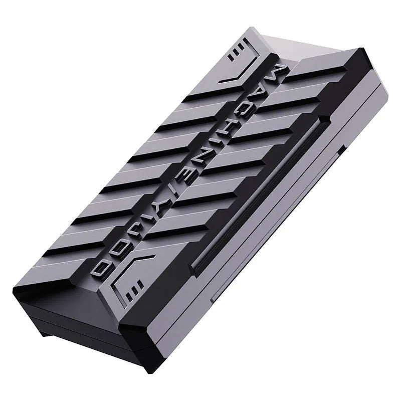 Semi-infinite push card metal decompression toy in Battlefield Gray with fingertip gyro on white background