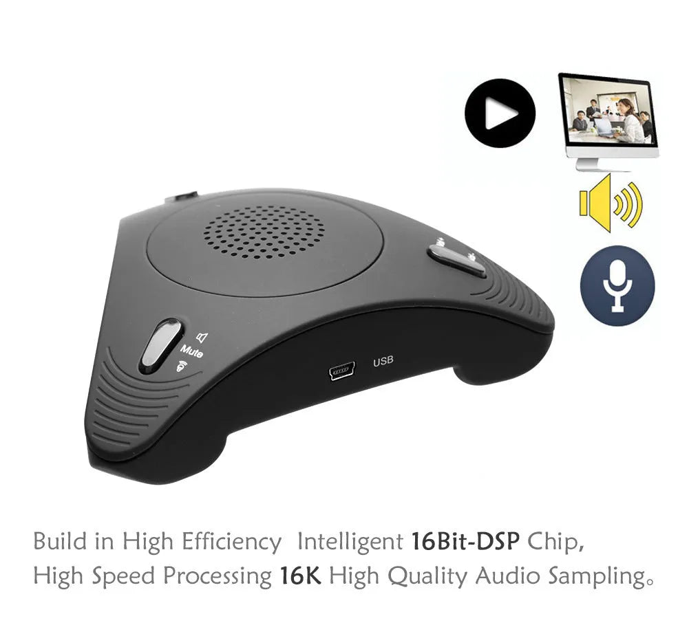 Black omnidirectional USB conference microphone with echo cancellation and noise reduction