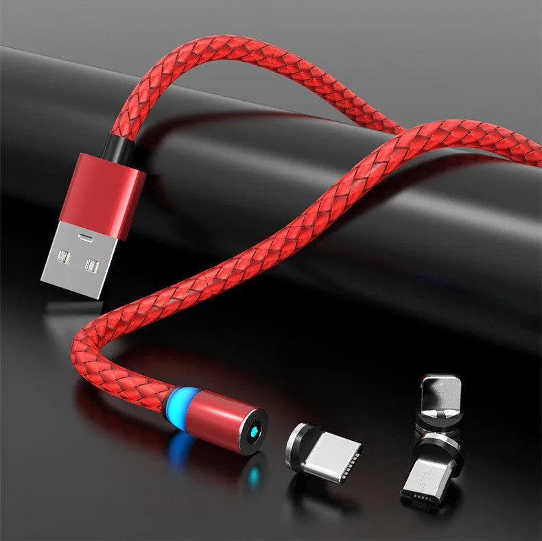 Breathing light magnetic charging cable with LED indicator, showing magnetic tips for iPhone and Android phones.