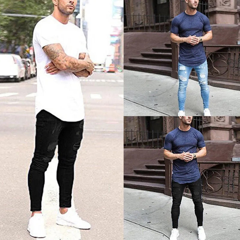Men's high waist washed cotton denim pencil pants in black, skinny fit with zipper fly