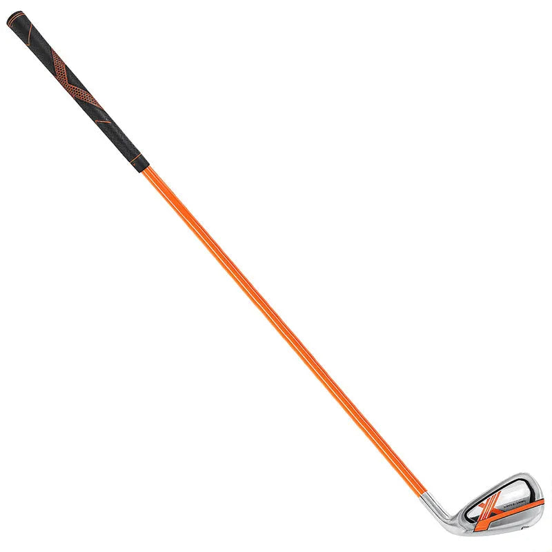 Golf iron swing trainer with soft iron club in orange, measuring 38.5*10cm, used for swing practice.