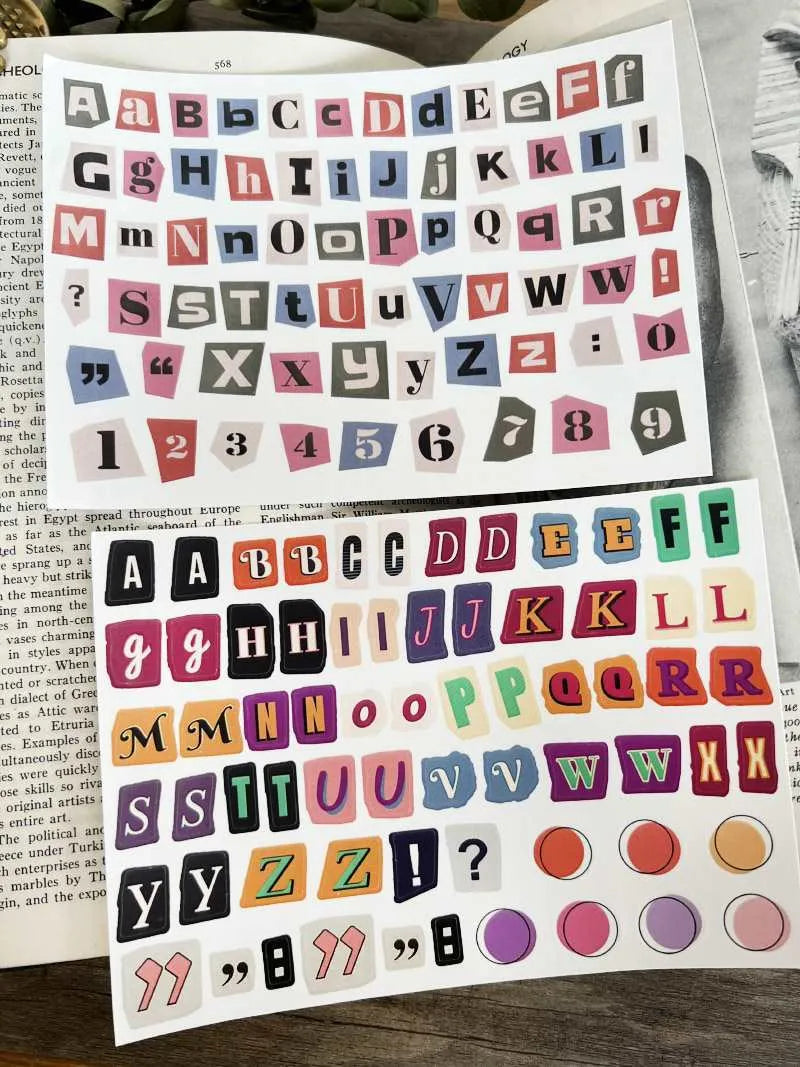 Set of printed English letter and weekly word decoration stickers in a cute style for crafts.