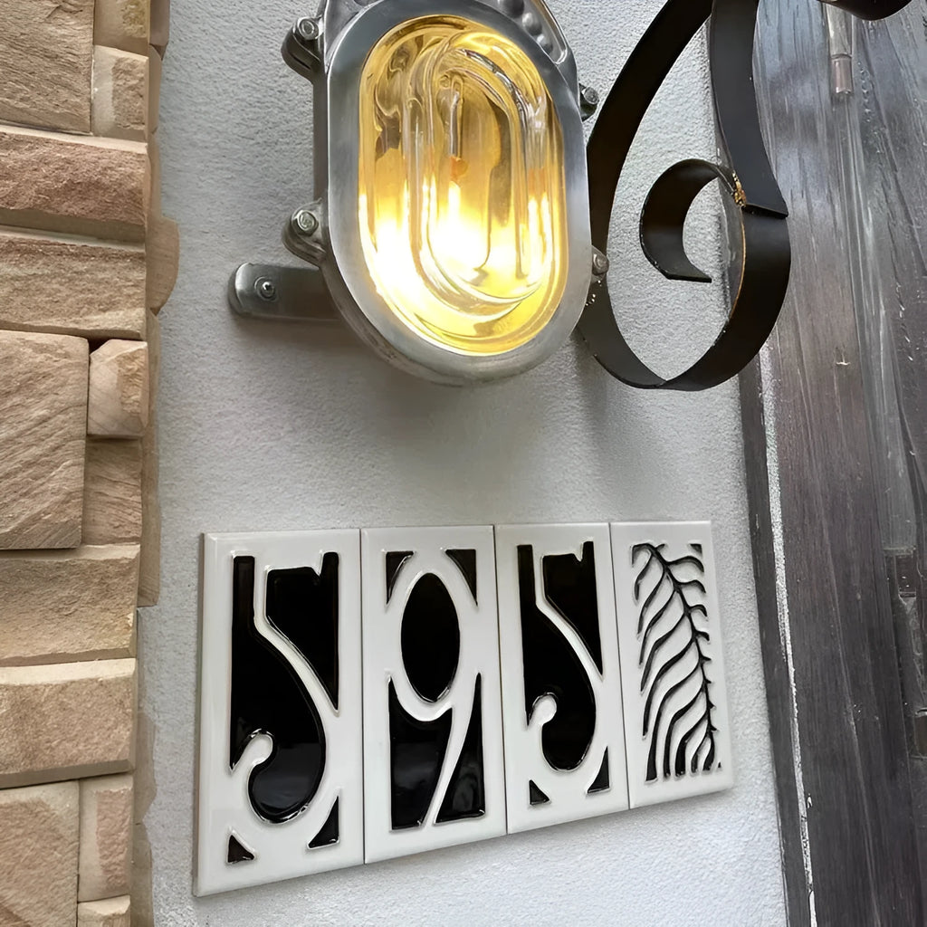 Handmade retro-style ceramic doorplate with glossy enamel number, shown at 76mm by 152mm size.