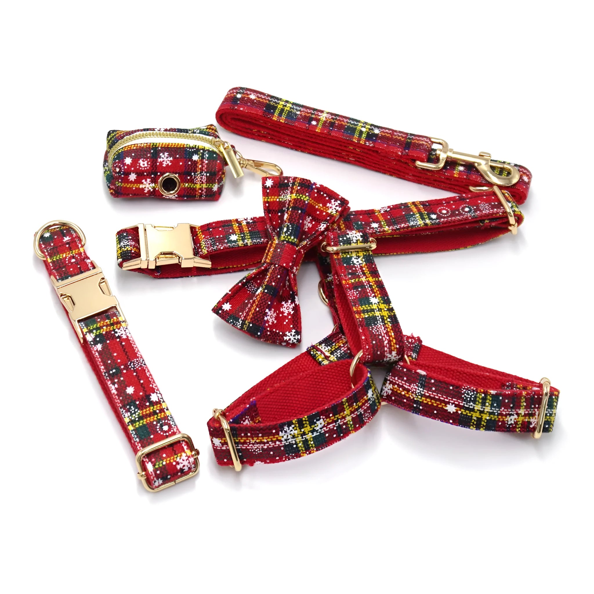 Red Christmas pet collar set with matching harness, traction rope, bow decoration and stool bag in laser sculpture fabric