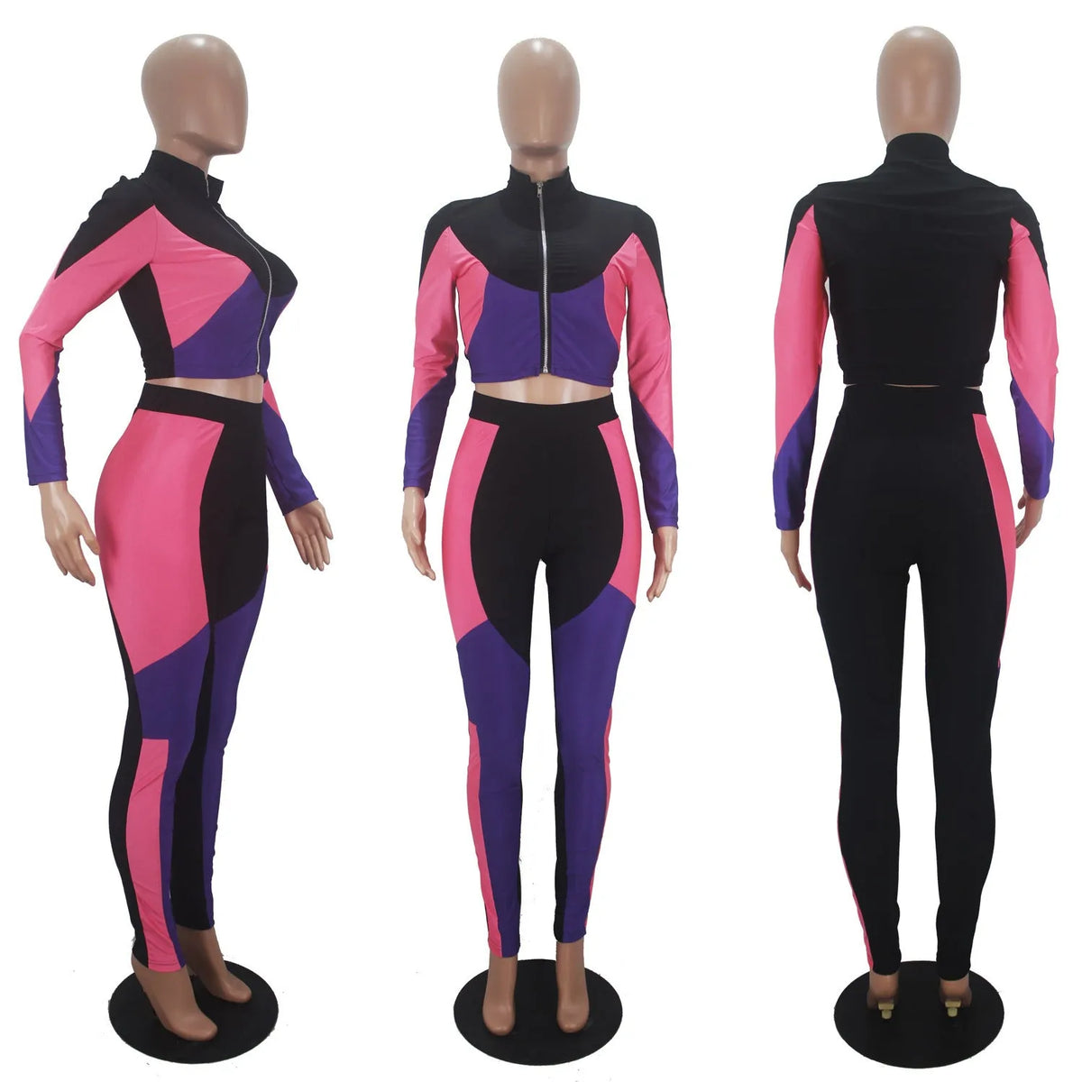 Women's three-colour stitching long-sleeved sports two-piece suit in green, red or purple, elastic satin top and trousers, sizes S-XL